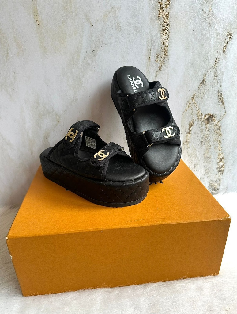 Sandalia Chanel Negro Plataforma Cuero
